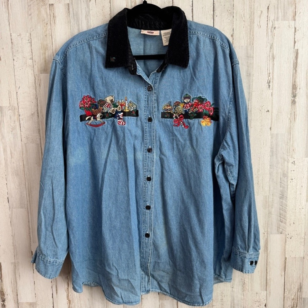VTG 90s Faded Glory Denim Shirt 2X/3X Blue Christmas Embroidered Bear Chambray